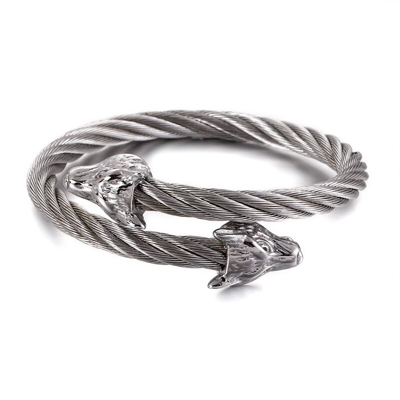 Punk rostfritt stål matt viking varg drake berlock armband man hip hop kabel tråd guld djur manschett armband män smycken: Kb121348- varg