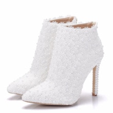 Lederen Laarzen Vrouwen Hoge Hak Enkellaarsjes Puntschoen Parel Kant Trouwschoenen Lente Herfst Parel Hak Witte Korte Laarzen