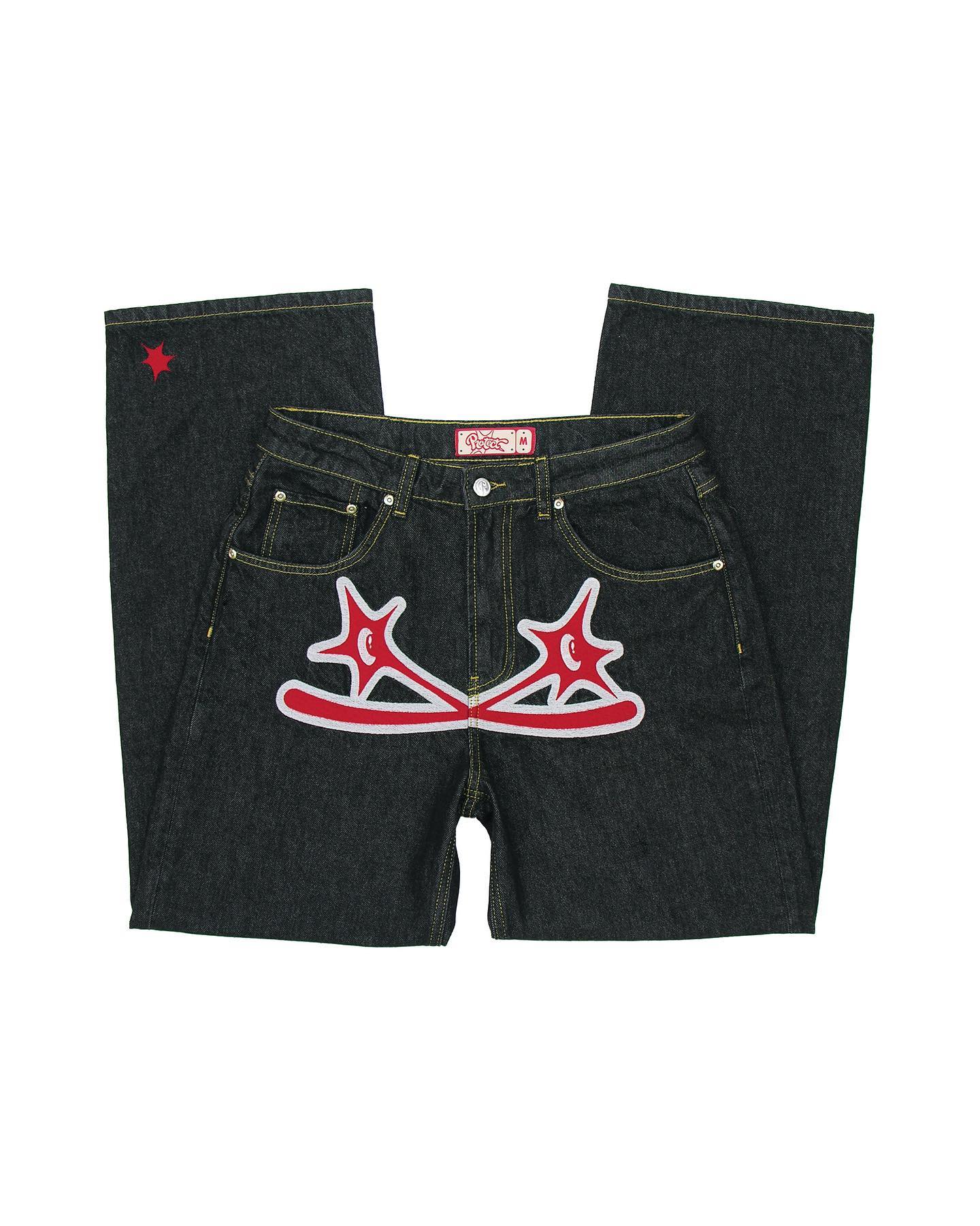 Y2K vende nuevos pantalones vaqueros bordados retro hip-hop americanos Harajuku Rock gótico pantalones sueltos de pierna ancha ropa de calle para hombres y mujeres: M / Gris