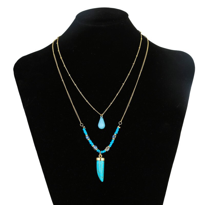 XIALUOKE Bohemia Acrylic Stone Pendant Double Necklace For Women Retro Blue Glass Tassel Sweater Chain Jewelry