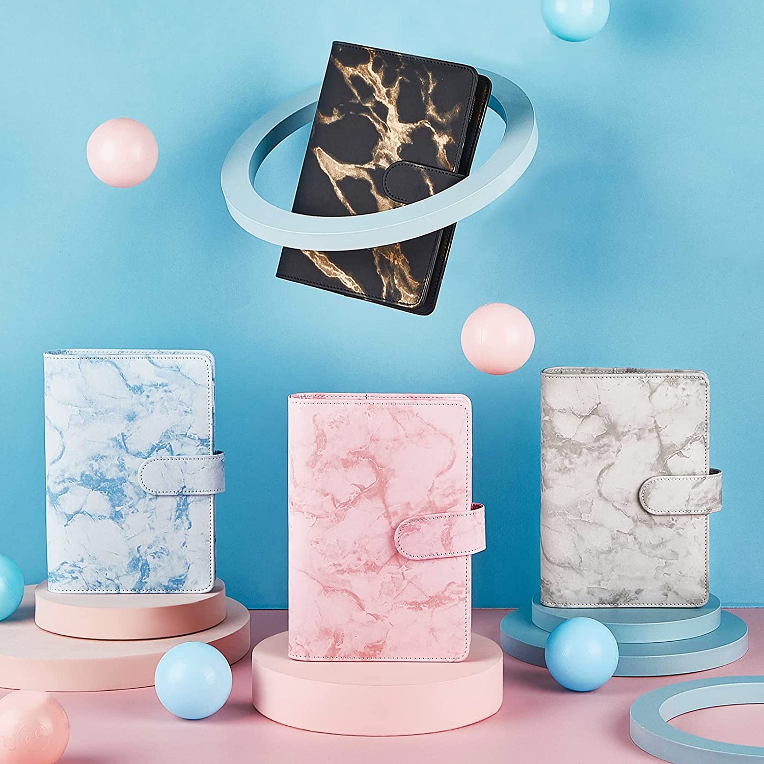 A6 PU Leather Notebook Binder Marble Refillable Binder Cover 6 Ring Loose Leaf Budget Planner Binder Cover with Magnetic Buckle