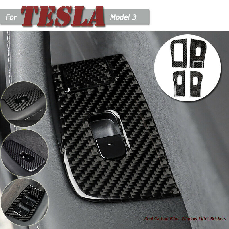 4 Stks/set Real Carbon Fiber Autodeur Venster Lift Knop Stickers Decals Voor Tesla Model 3