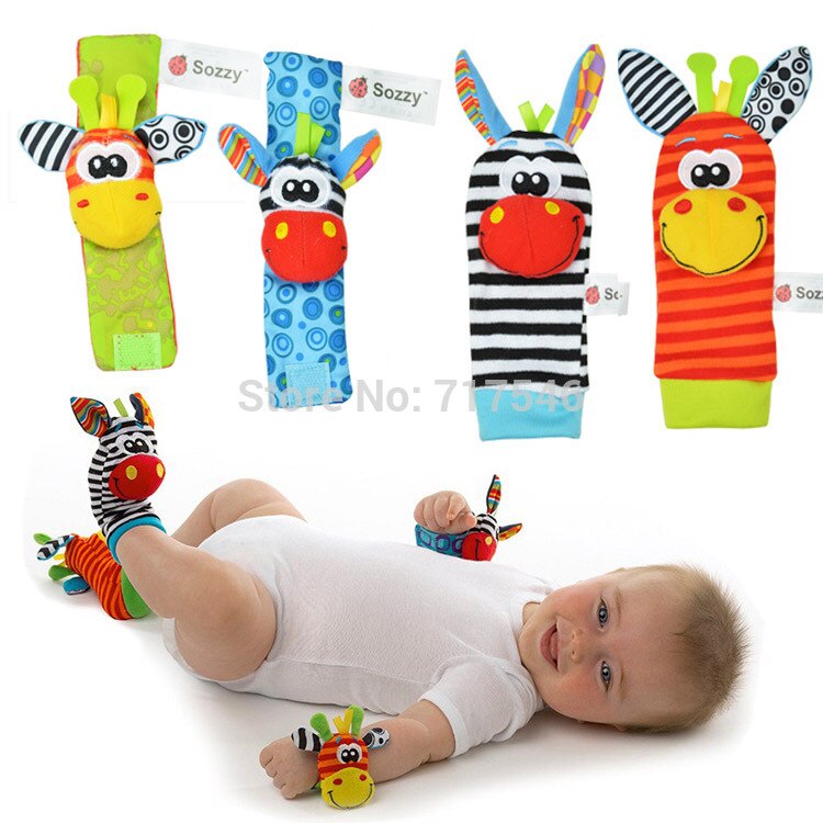 4 uds/lote (4 Uds = 2 uds. De cintura + 2 uds. De calcetines), juguetes de sonajero para bebé Sozzy bicho de jardín SONAJA de muñeca y calcetines para pies