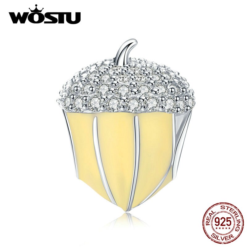 Wostu Real 925 Sterling Zilveren Dennenappel Kralen Geel Emaille Hanger Fit Originele Armband Bedels Zilver 925 Sieraden CQC1319