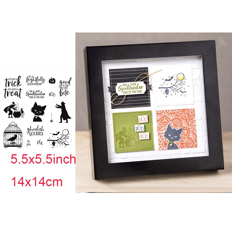 Kerstscènes met vrolijke halloween-heksen, zwarte katten, kabouters, transparante stempels voor doe-het-zelf scrapbooking, knutselen, kaarten maken: 10