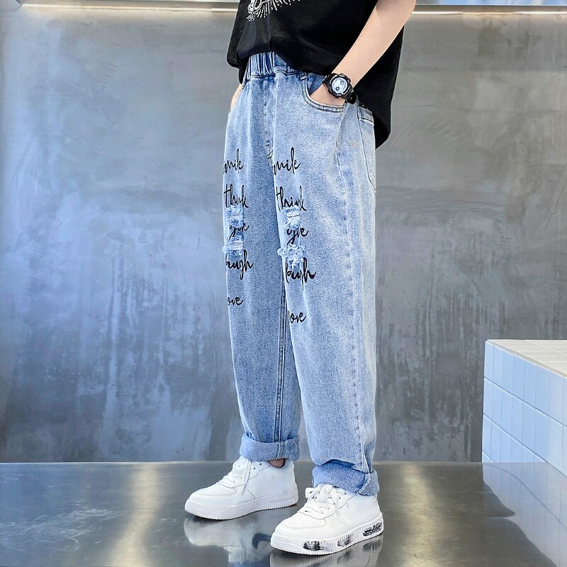 Pantalones vaqueros azules para niños, ropa de calle con letras rasgadas y agujeros, largos, lavados, para verano, 8, 10, 12 y 14 años