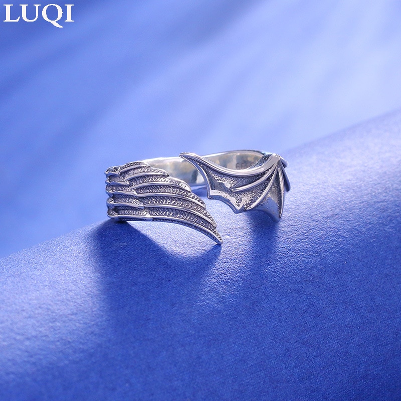 thumbnail image 2 of 925 Silver Plated Angel Devil Wing Heart Feather Ring – Adjustable, Full Finger Style 2 of 6
