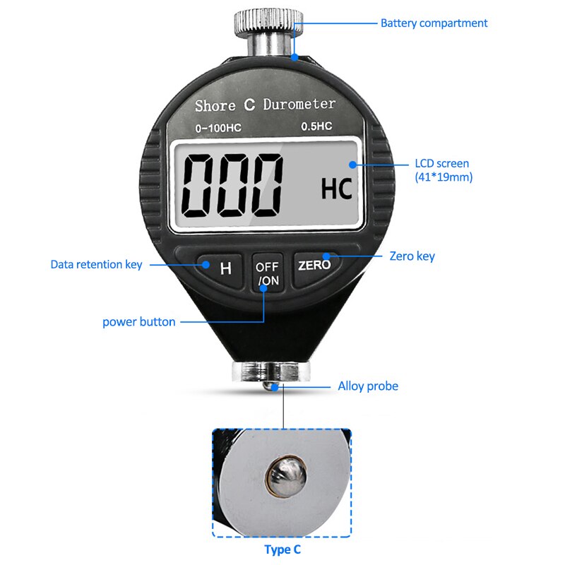 HA HD HC Digital Shore Durometer LCD Display Sclerometer Rubber Hardness Tester Meter paragraph: 0-100HC