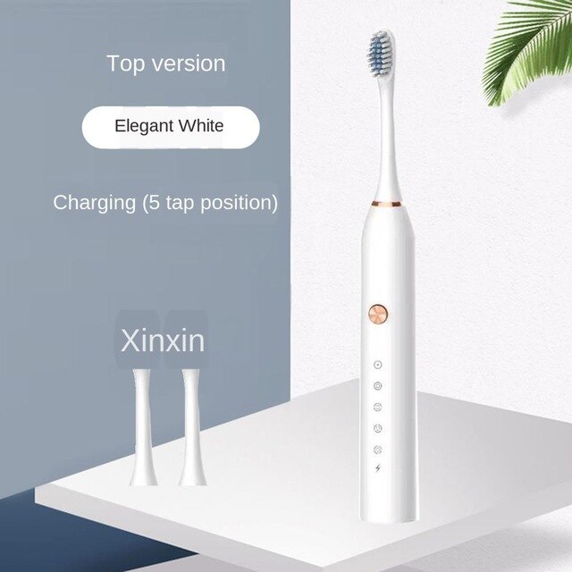 Sonic Electric Toothbrush Adult Timer Brush USB Charger Rechargeable Tooth Brushes Battery model/Replacement Heads Set: senior white