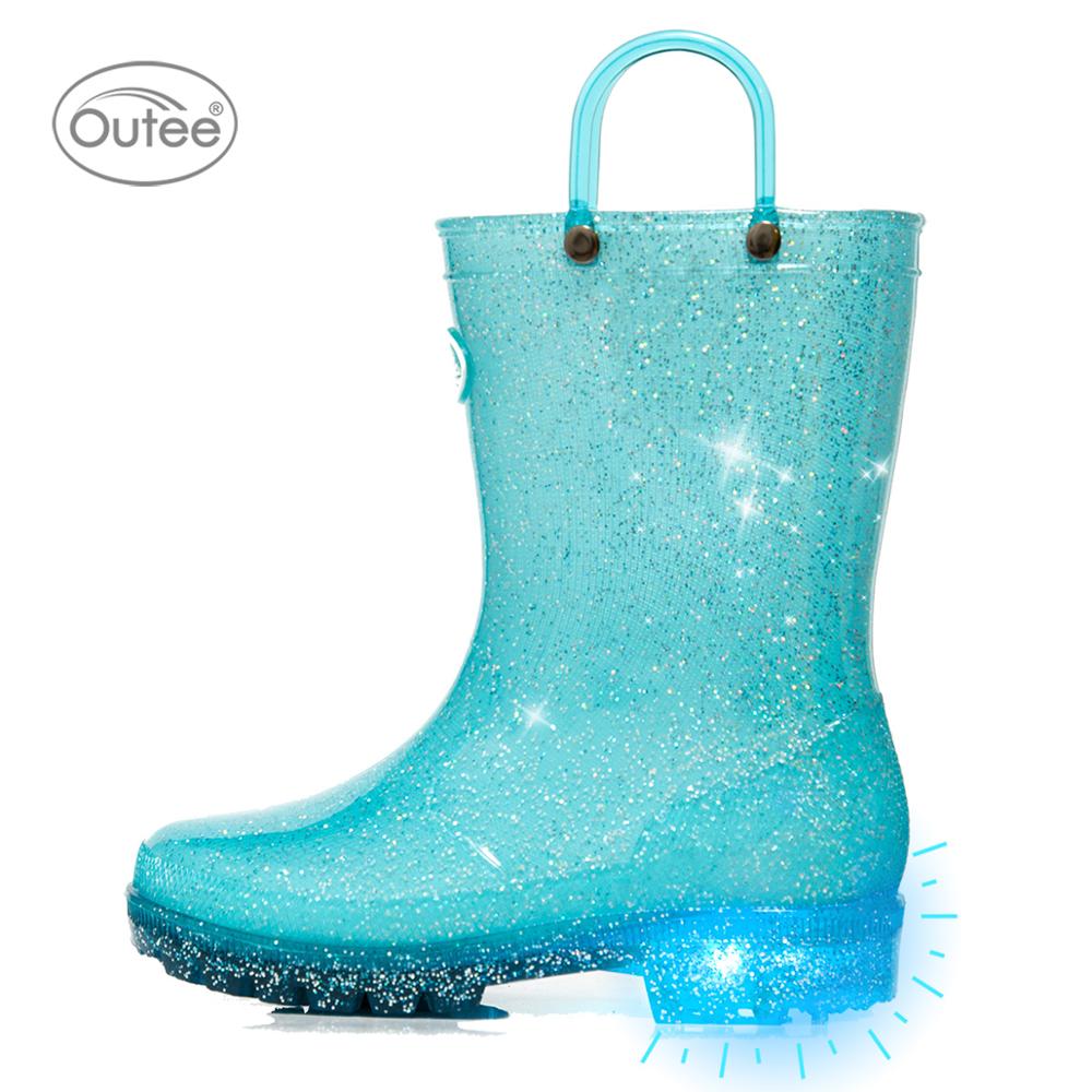 Meisjes Kinderen Regen Laarzen Voor Peuter Kinderen Baby Waterdichte Rubber Modder Schoenen Light Up Led Sparkle Glitter Lichtgewicht Paars Blauw