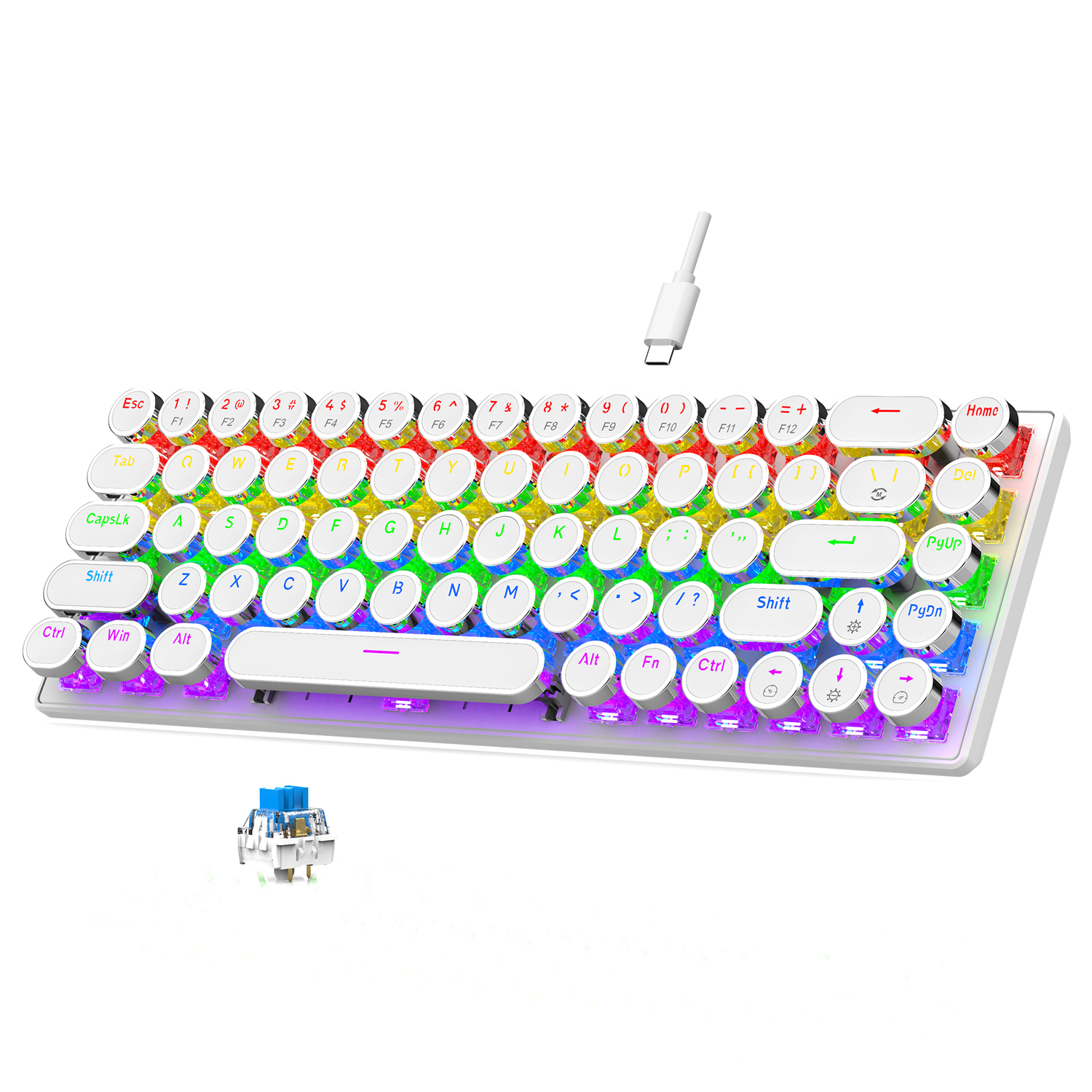 7KEYS Compact and Portable 68 Key, Retro - Style ,Detachable Cable Wired Gaming Mechanical Keyboard TW1870: WHITE / blue switch