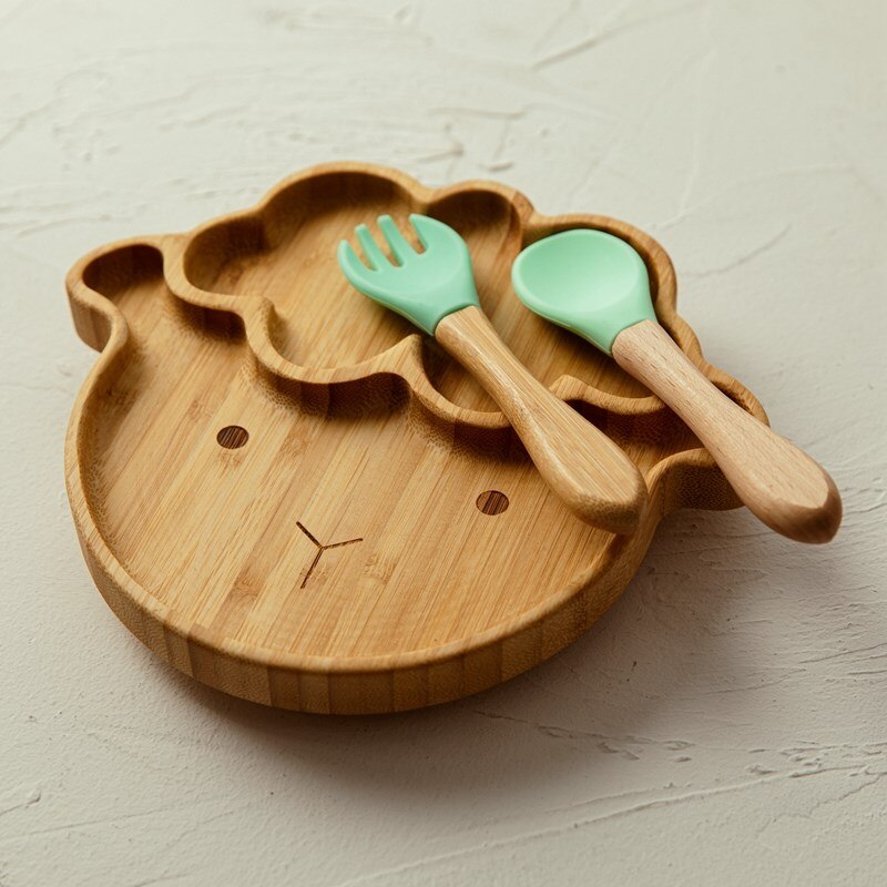 Cuenco de bambú para alimentación de bebé, juego de vajilla de silicona con ventosa, antideslizante, resistente al agua, tenedor, cuchara, 4 piezas