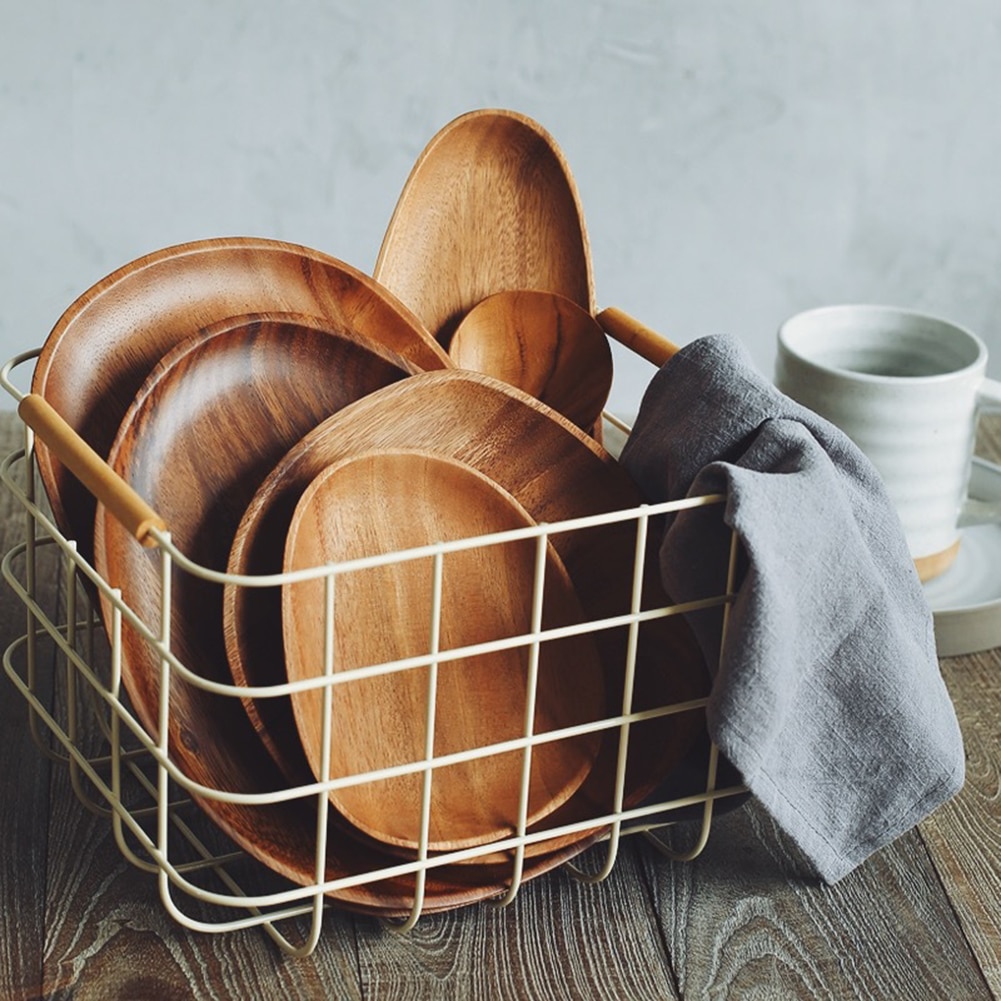 Irregular Solid Wood Plate Whole Acacia Wood Fruit Dishes Wooden Saucer Tea Tray Dessert Dinner Breakfast Plate Tableware Set