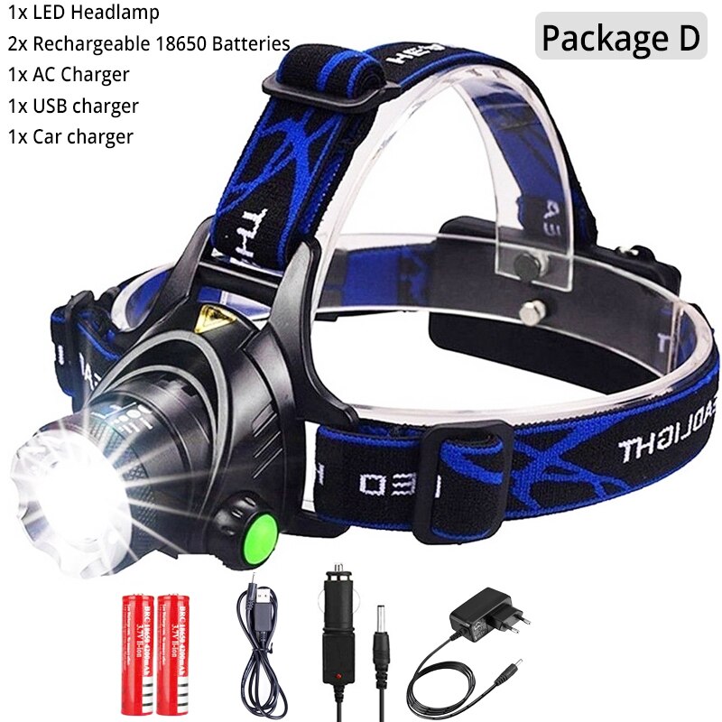 20000LM LED Headlamp L2/T6 Waterproof Headlight Torch Flashlight Headlight by 18650 Battery for Fishing Hunting: Package D / T6-6000 Lumen