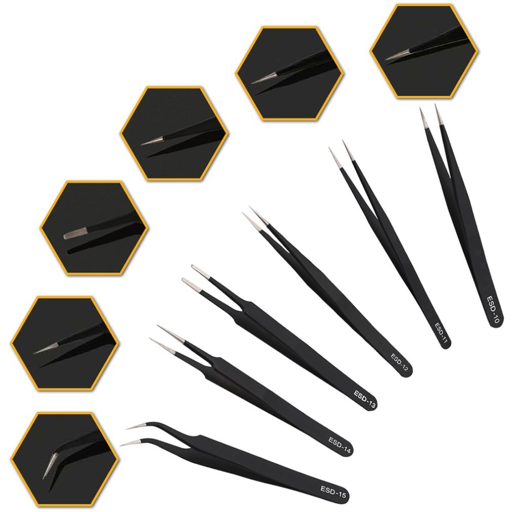 1.5 mm Anti-static Tweezers 6-piece Set Black Tweezers Yellow PVC Bag Acid Resistant Stainless Steel
