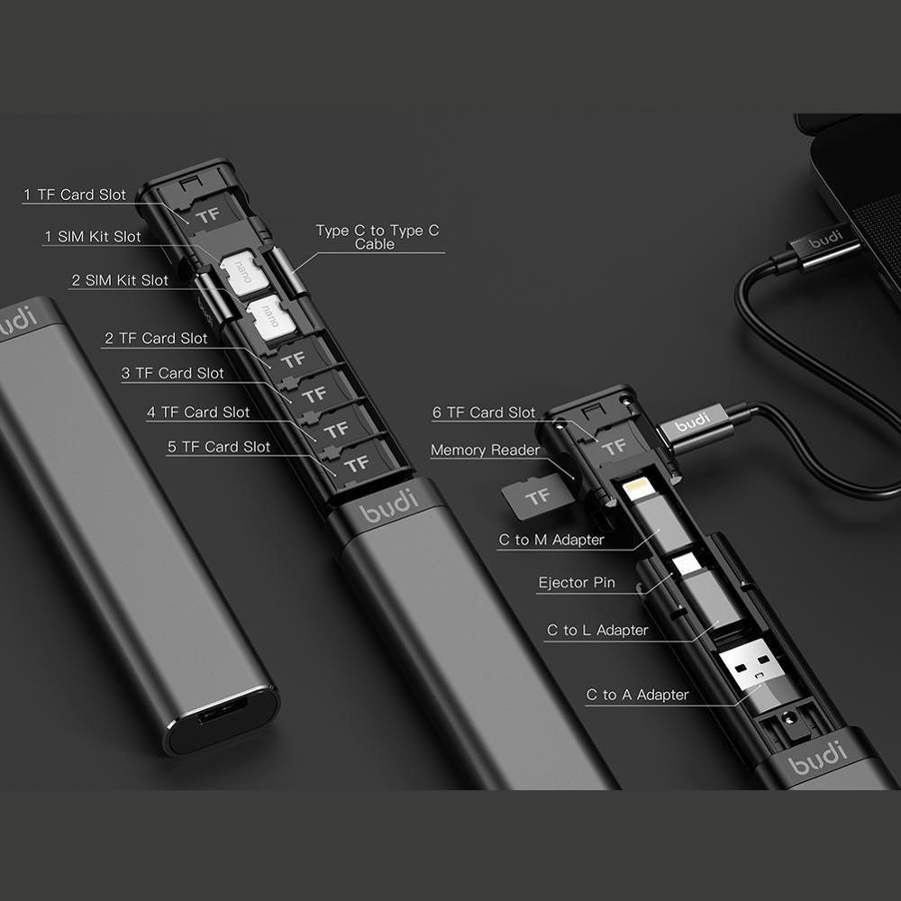 Budi Usb Datakabel Opbergdoos Multi-Lijn 6 Soorten Kabels Sim Kit Tf Kaartlezer Multi-functie Smart Adapter Opbergdoos