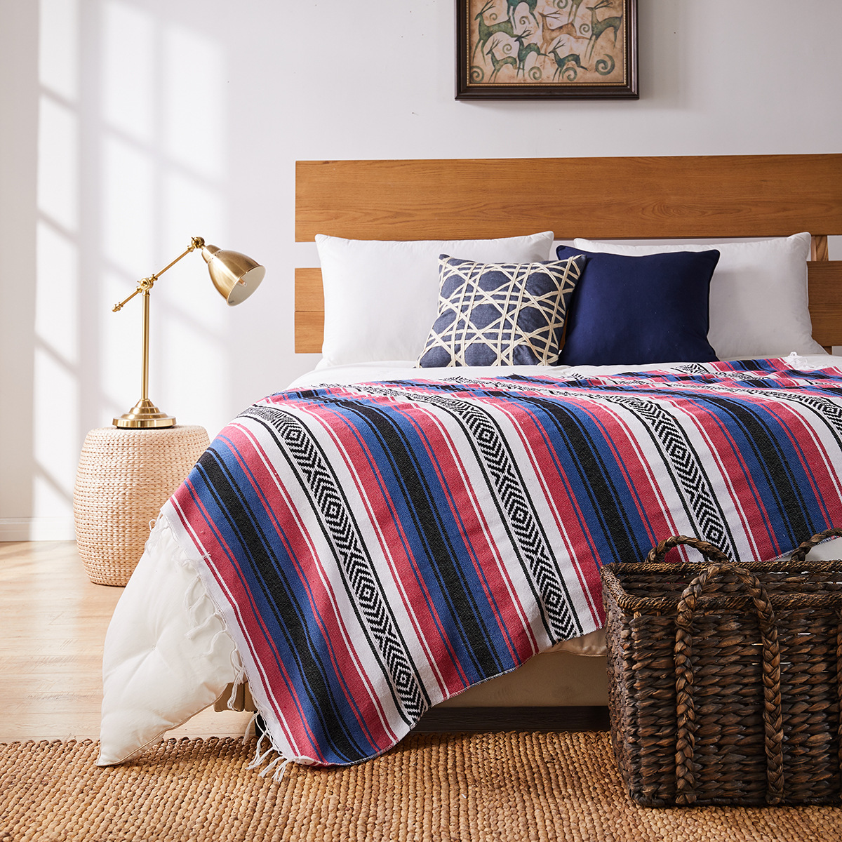 Couverture de plage de Style mexicain 130x170cm, serviette tissée à la main avec pompons, tapis pour canapé-lit, tapis de pique-nique à la maison, nappe rayée: WHITE