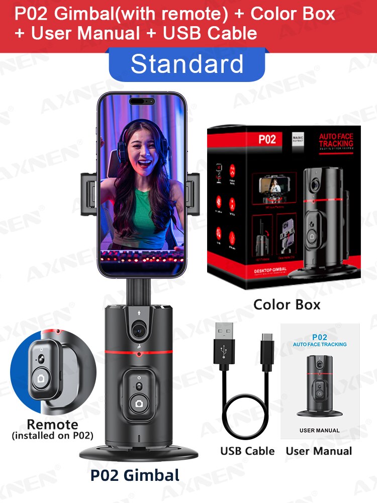 AXNEN P02 360 Rotation Follow-up Gimbal Stabilizer Monopod Desktop Tracking Gimbal with Remote for Phone Tiktok Live Photography: Bundle 1