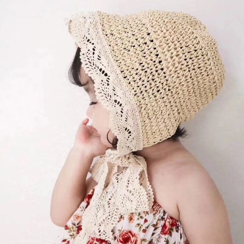 Barnhatt till stranden bebis flicka spetsrem solhatt handgjord hatt barn sommarresehatt loli flicka vikbar strandhatt med bandage