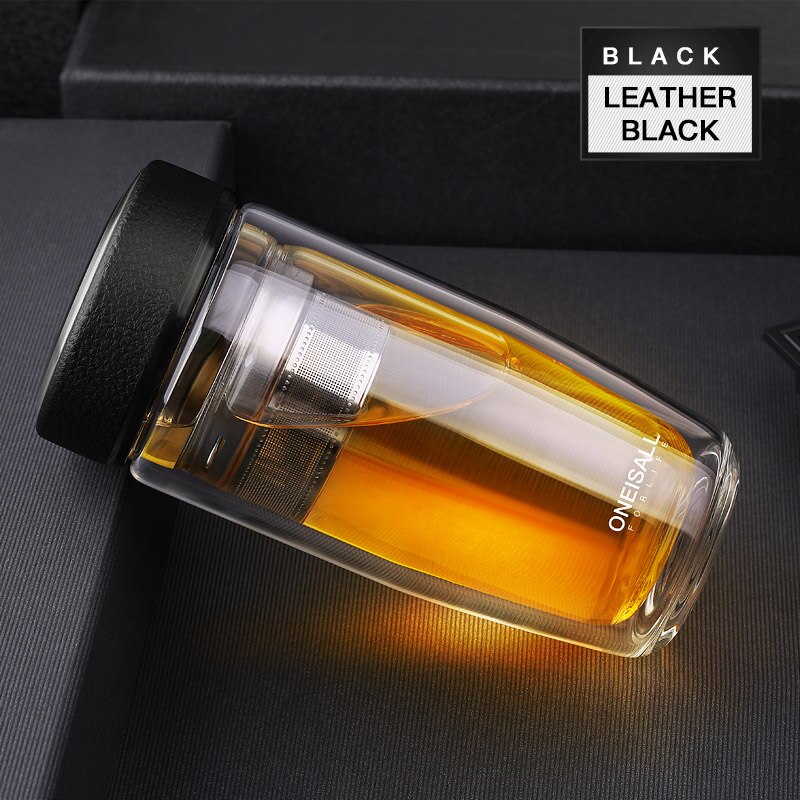 Oneisall 380 Ml Dubbele Water Fles Auto Gemonteerd Verbranden Proof Glazen Fles Rvs Filter Thee Tumbler Mannelijke: Leather Black
