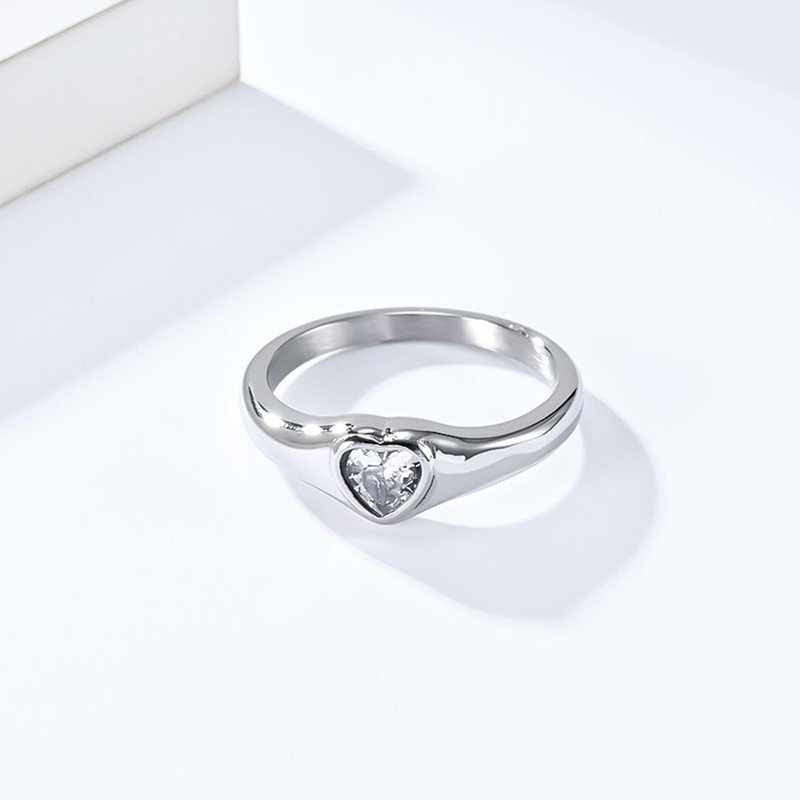 Anillo solitario de acero inoxidable con forma de corazón y circonita cúbica, alianza de boda para mujer y niña, talla 5-10