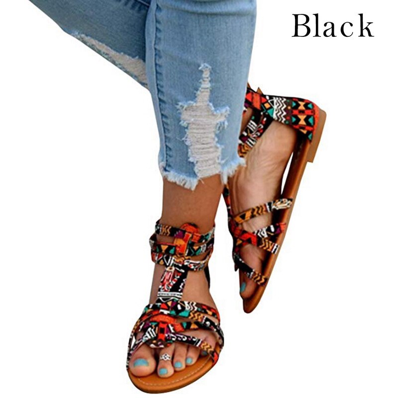 Bohème femme plage chaussures plates sandales à la imprimé mujer coloré femme plage sandales décontracté grande taille chaussures en plein air: Black / 38