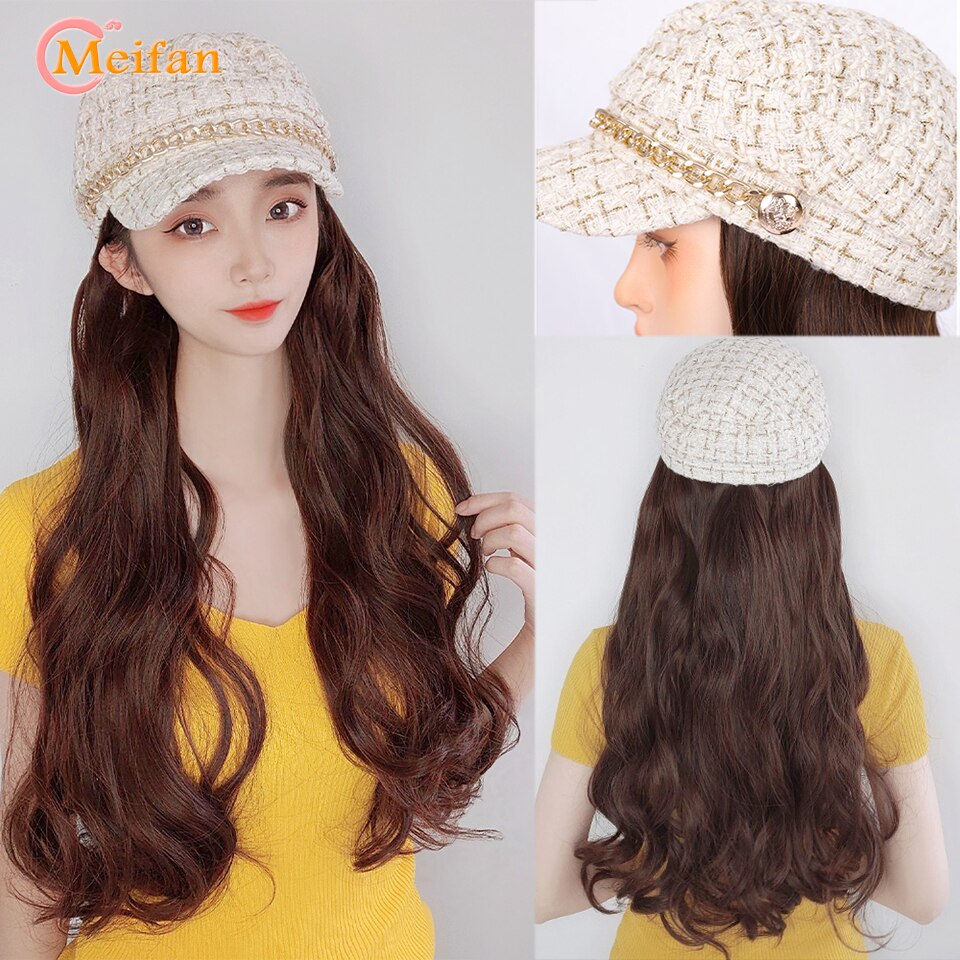 MEIFAN Synthetic Long Wavy Curly Beret Hat Wig Hair Extensions Travel Cadet Hat Retro Octagonal Beret Cap Party Wig