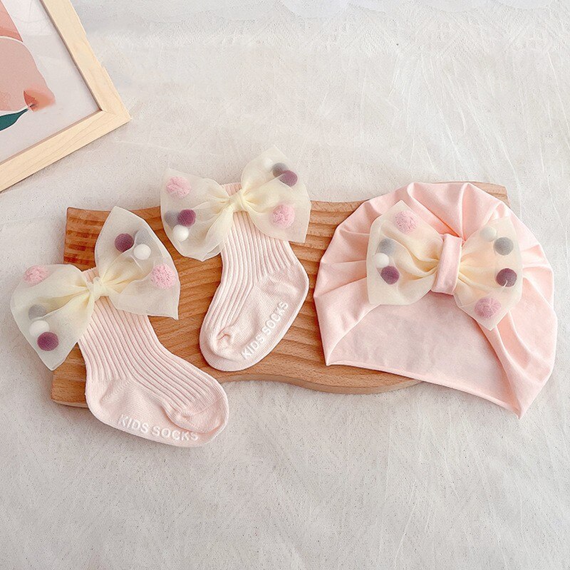 2 Stuks Baby Meisje Hoed Sokken Set Zomer Katoenen Sokken Voor Pasgeborenen Leuke Kant Boog Foetale Cap Baby Meisjes Douche Milamiya