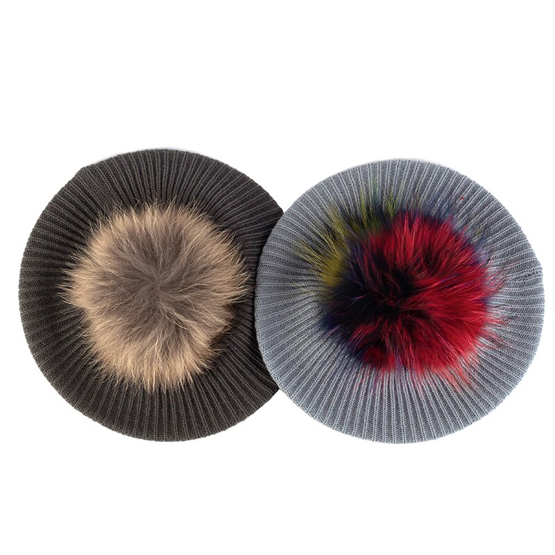 Vrouwen & # 39;s Gebreide Elegante Baretten Zacht Met Echte Pompom Vrouwelijke Kunstenaar Mode Retro Hoeden Dame Effen Kleur Franse Eenvoud Caps