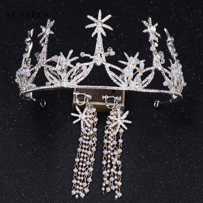 Corona nupcial de plata con cristales, Tiara con estrellas brillantes, diadema, accesorio de boda, Reina, SQ0328