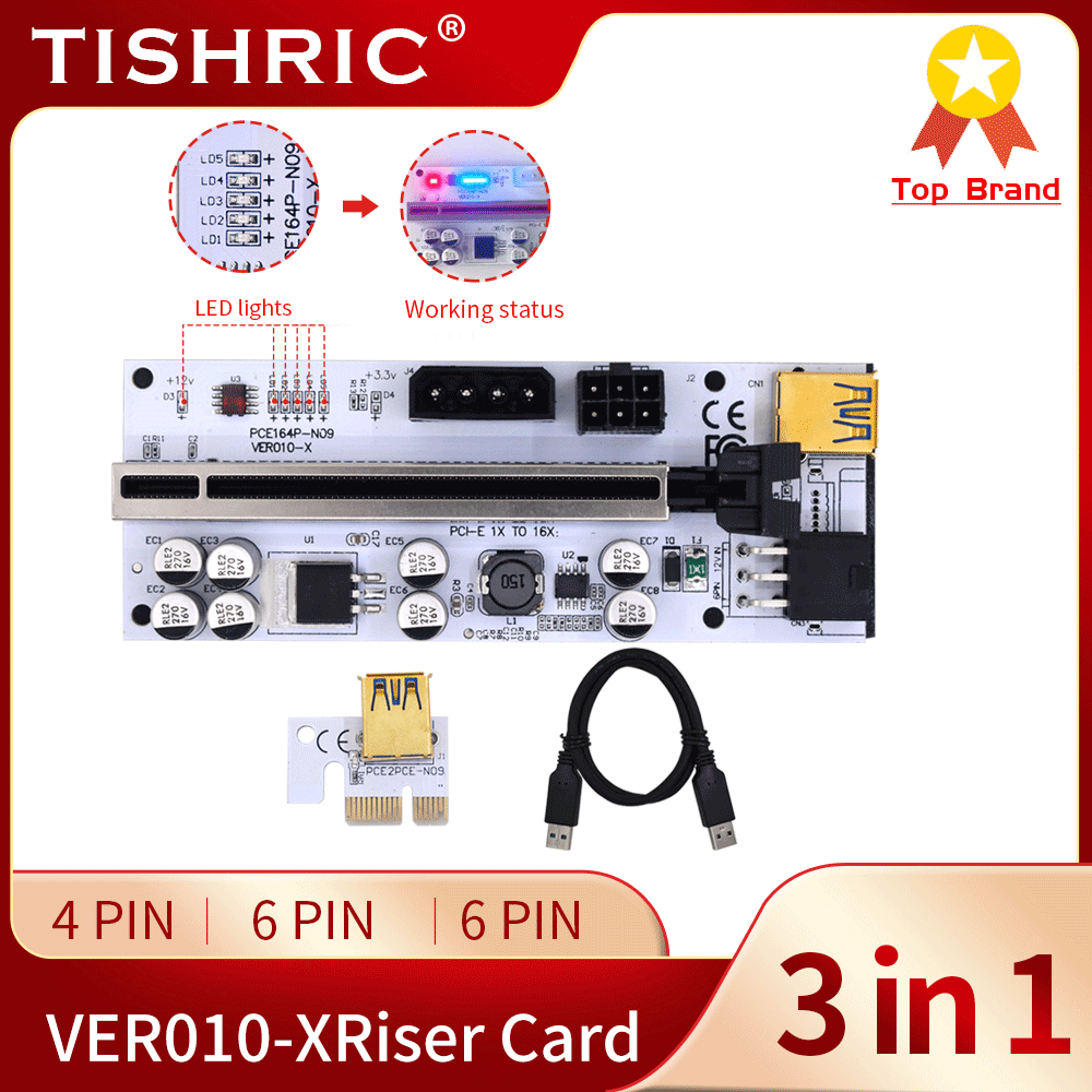 TISHRIC Mining Connectors PCIE Riser 009S/010/010X/011 PCI Express Multiplier PCIE 1 to 4 Riser Expansion Card Add on Cards: 1PCS Riser 010 Black