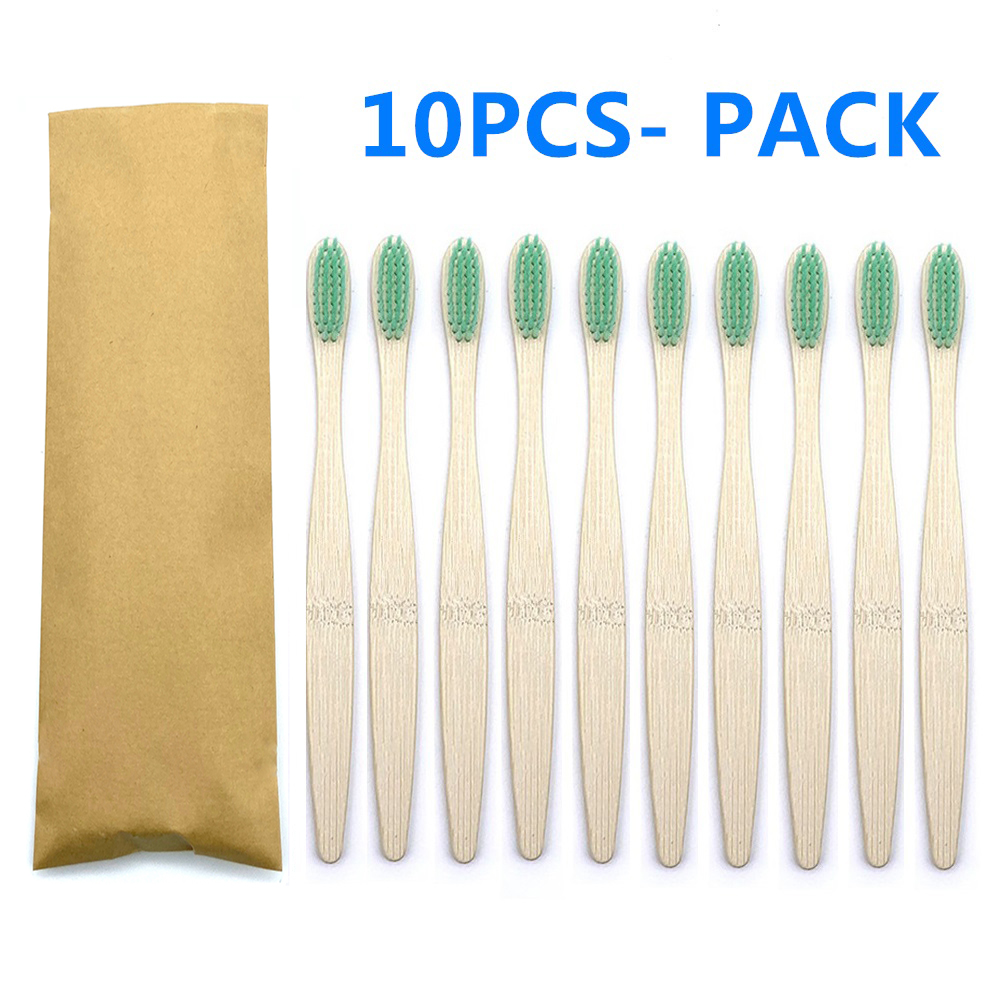 Bamboo Toothbrush Wooden Handle Brush Eco Friendly Tooth Brush Head Cover Oral Care Cleaning Tools Soft Fibre Rainbow Color: 10PCS Green Color