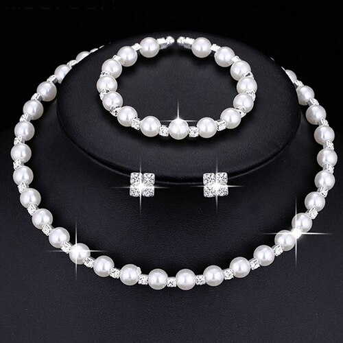 Charm Wedding Bridal Jewelry Set Pearl Party Prom Crystal Bracelet Necklace Earrings for Women jewellery sets: necklace set