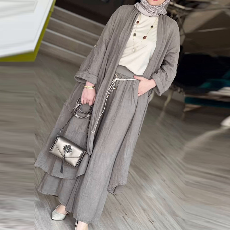 2- delade långärmade maxi-skjortor + vida byxor eid muslimska kvinnor set abaya dubai turkiet islamiska casual toppar enfärgad outfit: S / Svart