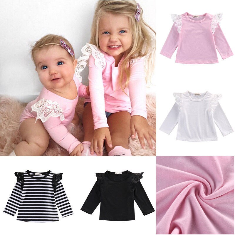 Herfst Pasgeboren Baby Meisjes Peuter Kinderkleding Katoen Kant Vliegende Lange Mouw T-shirts Tops Outfit Blouse