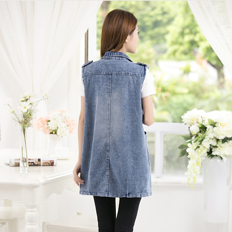 5xl plus size løs denimvest til kvinder vintage hullomme lang ærmeløs jeansjakke kvindefrakke sommer afslappet vest