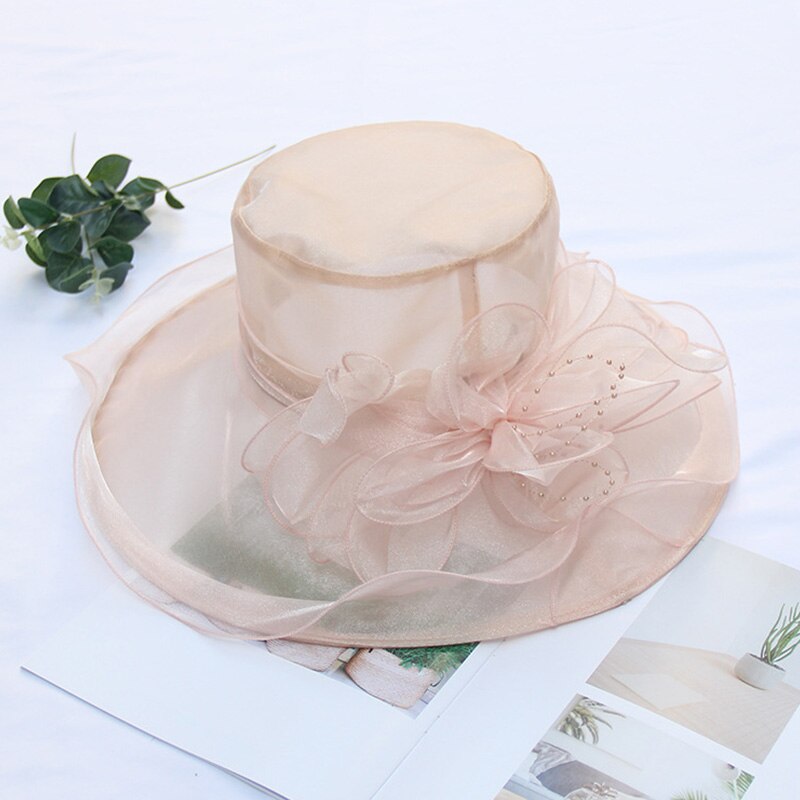 FS -sombreros de Iglesia transpirables para mujer, sombrero de ala ancha de Organza, gris, púrpura, para de té, con flor de malla: Pink Derby Hat