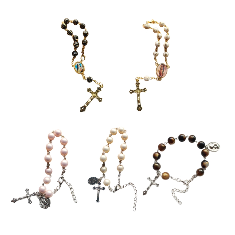 8mm Acrylic Beads Rosary Bracelet Vintage Jesus Christ Crucifix Cross Wristband Chain Bracelets Women Unisex Jewelry