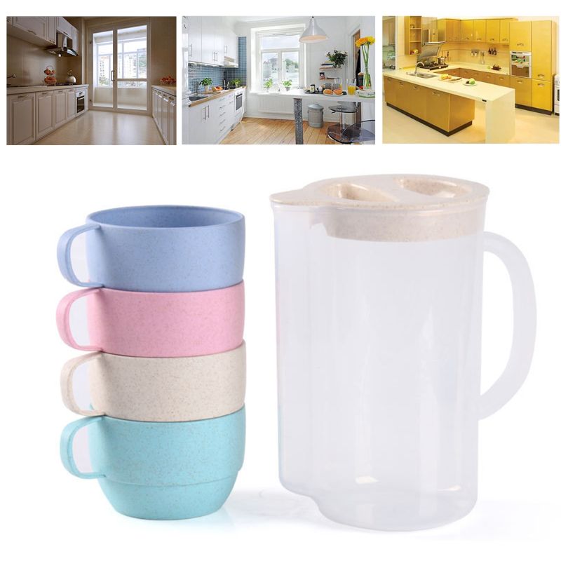 Natural Reusable Wheat Straw Multicolor Cups Kettle Set Unbreakable Lightweight J78C