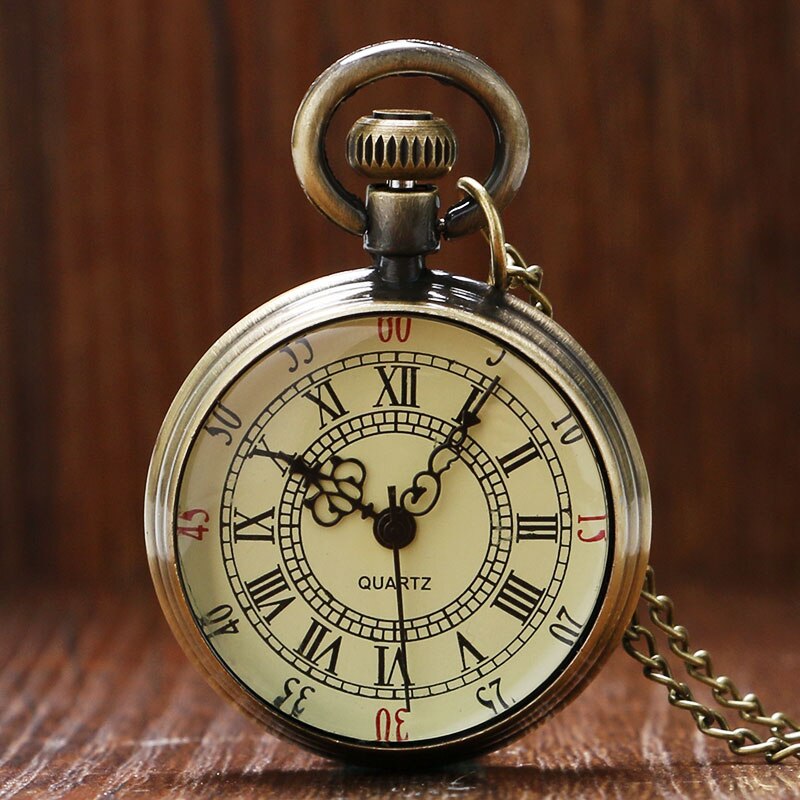 Bronze Roman Pocket Watch Antique Numerals Chain Necklace Pendant Quartz THIN889