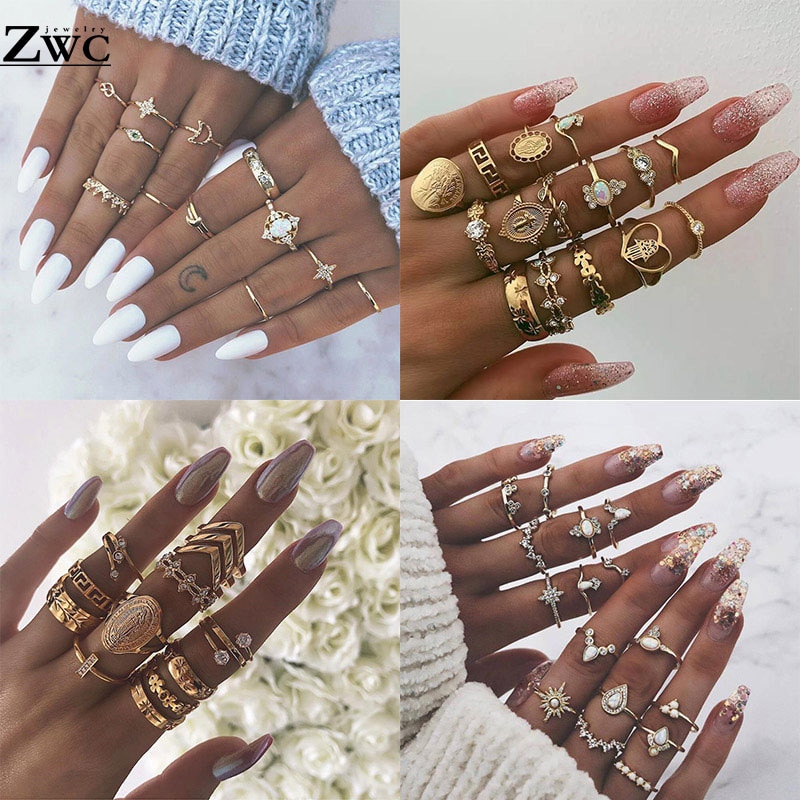 ZWC Multiple Style Vintage Bohemian Opal Knuckle Joint Rings Set For Women Gold Flower Crown Moon Finger Rings Jewelry