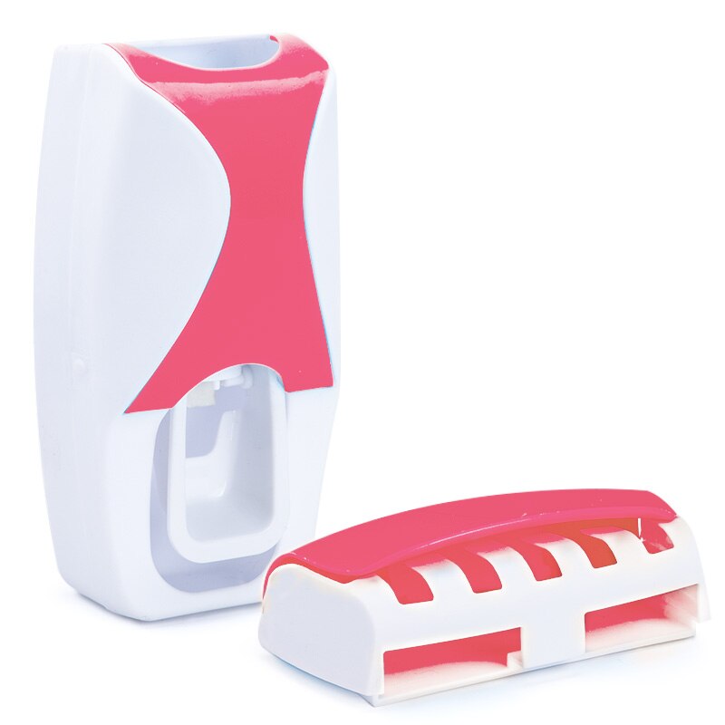 Dust-proof Toothbrush Holder with Automatic Toothpaste Dispenser Wall Mount Storage Rack Bathroom Accessories Set Squeezer: pink