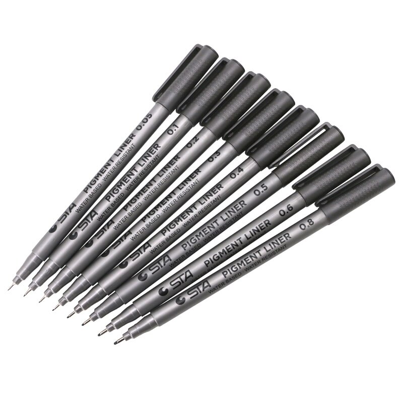 1X Black Fine Line Pen Waterproof Writing Marker Sketching Art Pens 0.1mm E8BE: 8pcs(0.05-0.8mm)