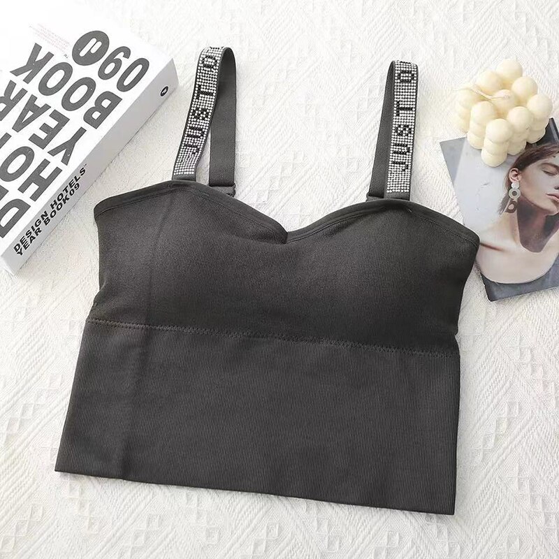 Luxury Diamond Sling Seamless Camisole U-shaped Back Adjustable Shoulder Strap No Steel Ring Sports Underwear Party Essential: dark gray