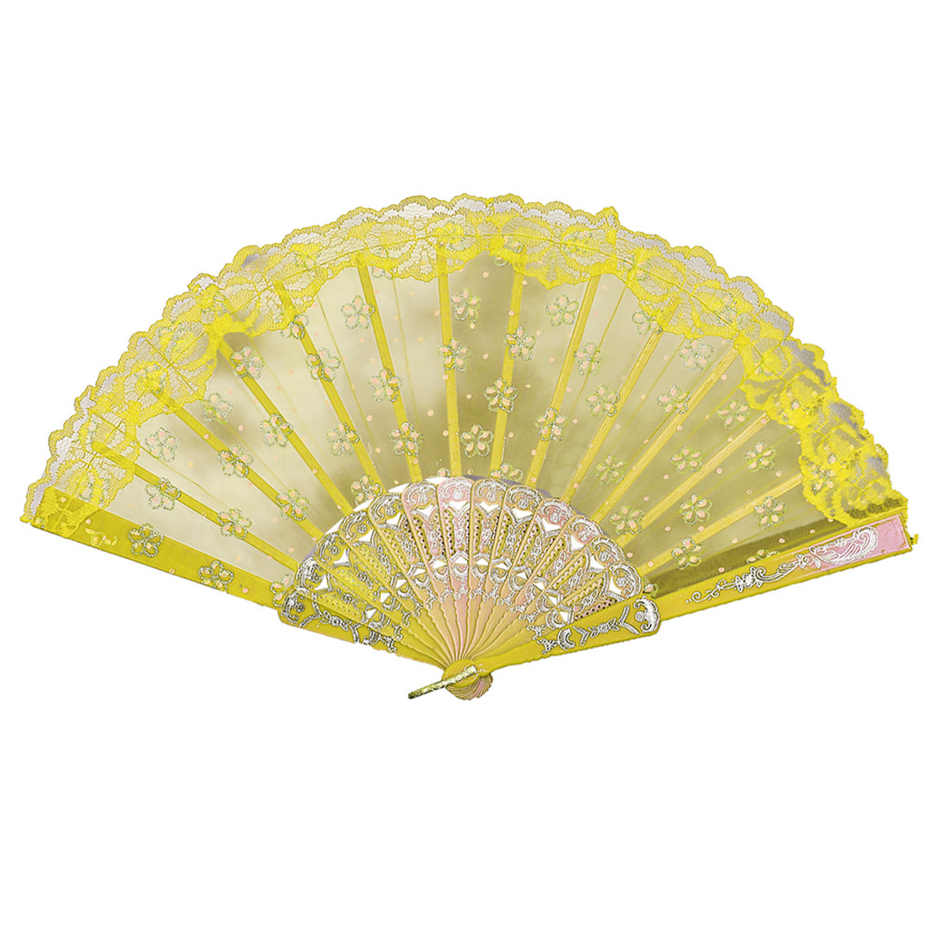 Flores de papel tipo ventilador, abanicos de seda de encaje plegables, estilo chino, para baile, boda, ,: Amarillo