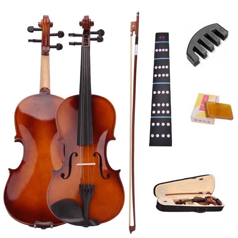 4/4 fuld størrelse naturlig akustisk violin fiddle med etui bow rosin mute klistermærker