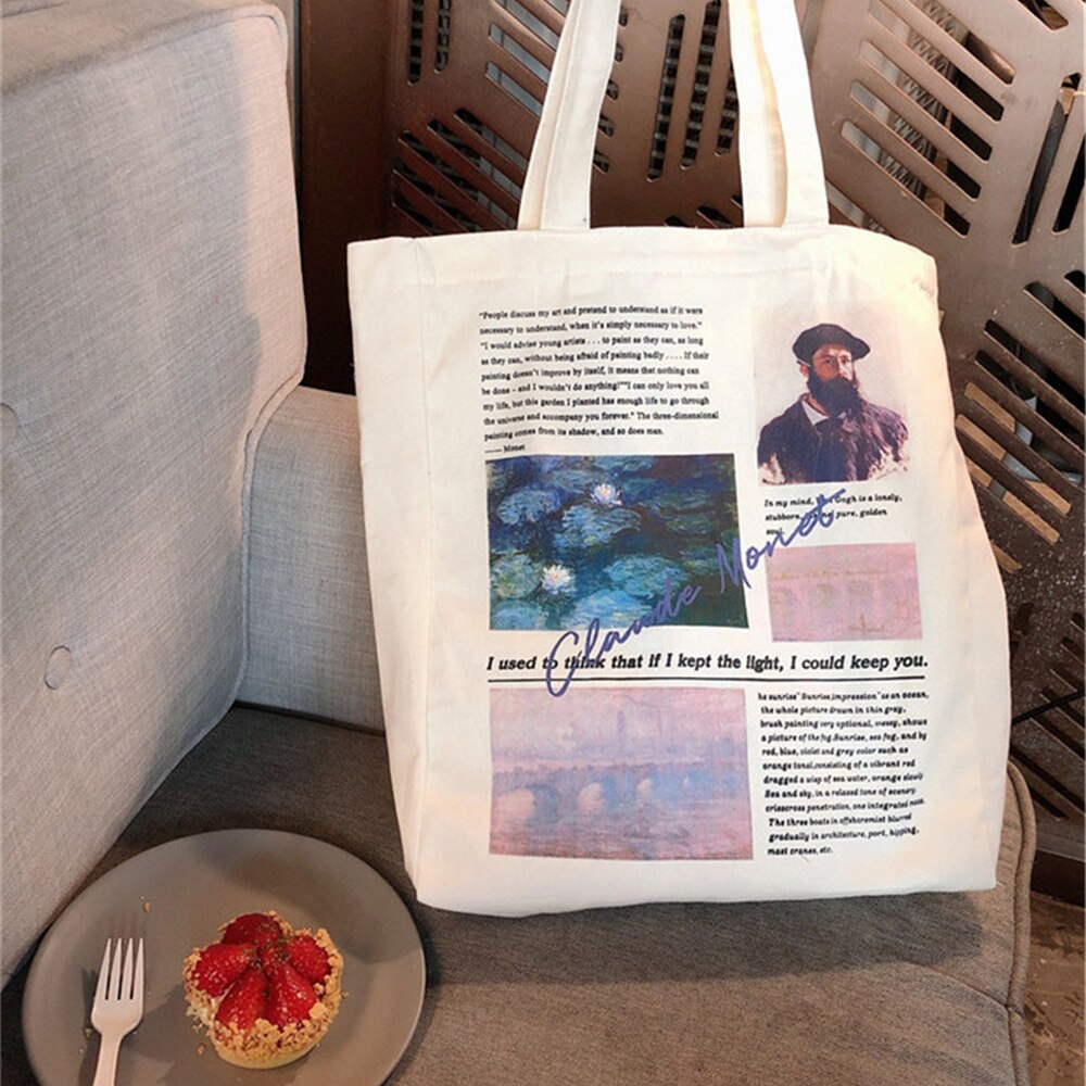 Van Gogh Monet Print Vrouwen Tassen Eenvoudige Milieu Schouder Shopper Handtas Meisjes Rits Wasbaar Canvas Tas Bolsas: Monet