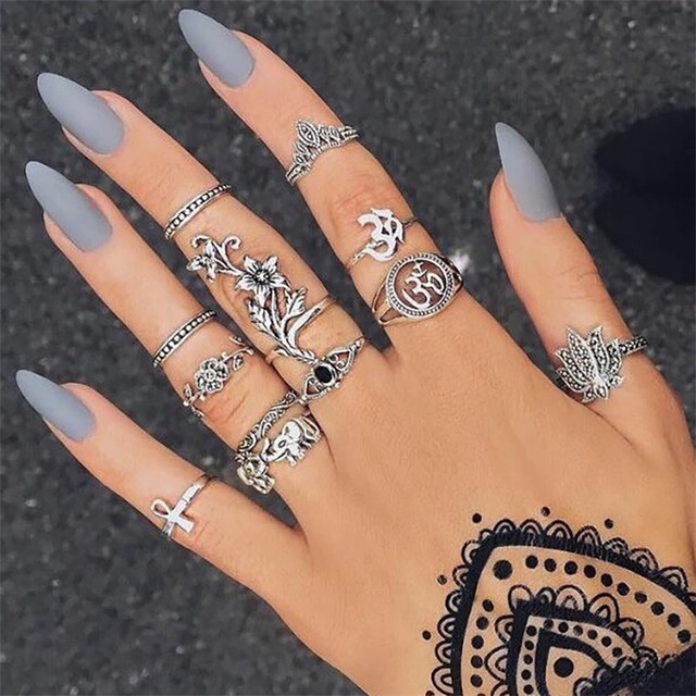 Bague Femme Vintage Ringen voor Vrouwen Boho Geometrische Bloem Crystal Knuckle Ring Set Bohemian Midi Vinger Sieraden Zilveren Kleur: Set12 Flower Elephan