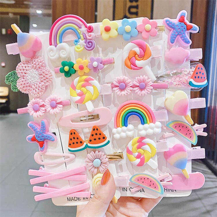 14 unids/caja niños dulce lindo de dibujos animados de seguridad adorno para el cabello Clips chicas bebé bandas para el cabello de los niños horquillas accesorios para el cabello