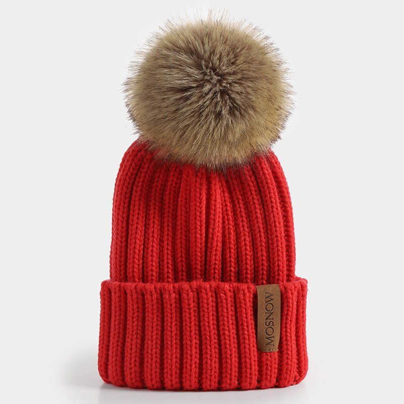 neue Winter frauen Hütte Acryl Bommel Mützen Wärme Ski Kappe Mädchen Hütte Weiblichen Kappe Skullie Künstliche Pompons Hütte: Wassermelone rot